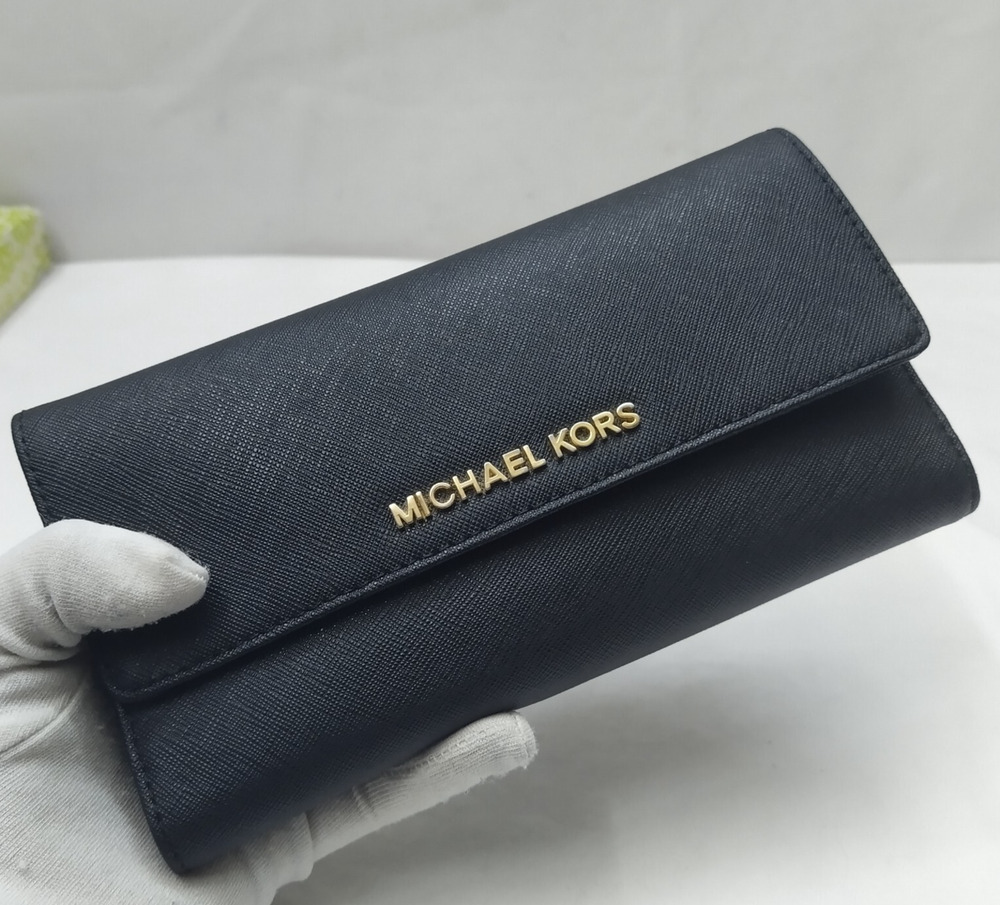 Michael Kors Black Leather Credit Card ID Window Trifold Wallet